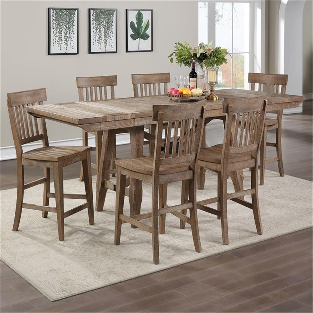 Steve Silver Furniture Riverdale Counter Height 7pc Counter Table Set, 72&quot;-96&quot; Rectangular Table w/Two 12&quot; Leaves, 6 Wooden Counter Side Chairs, Dining Room, 72&quot; L x 36&quot; W x 36&quot; H, Brown