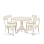 East West Furniture HLAD5-LWH-LC 5 Piece Dinette Set for 4 Includes a Round Dining Table with Pedestal and 4 Faux Leather Dining Room Chairs, 42x42 Inch, Linen White