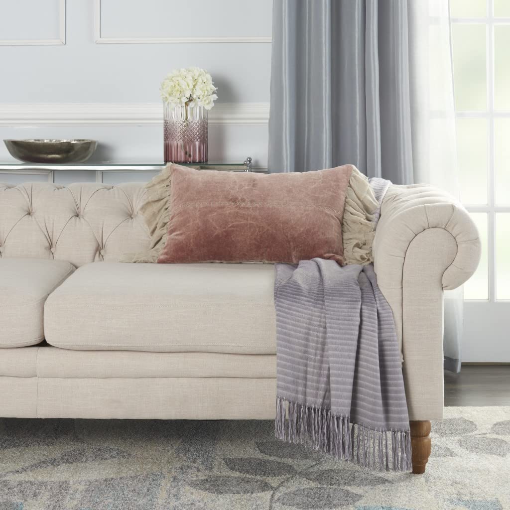 HomeRoots Grey Cotton Wide Tasseled Marble Pink Lumbar Pillow