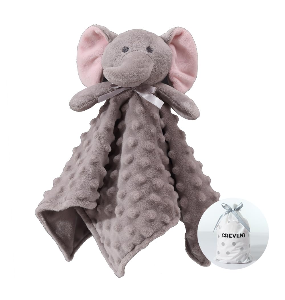 Crevent Cozy Plush Baby Security Blanket Loveys For Baby Boys And Girls, Minky Dot Front + Sherpa Backing With Animal Face (Grey