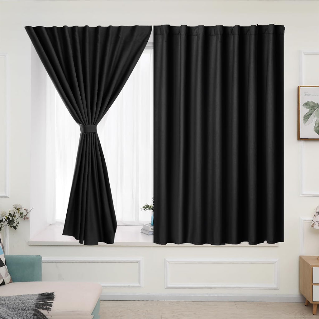 Muamar Black 2pcs Self Adhesive Curtains (29''W x 30''L), Window Tier Curtains for Small Window, Bathroom, RV, Door, Kitchen, Bl