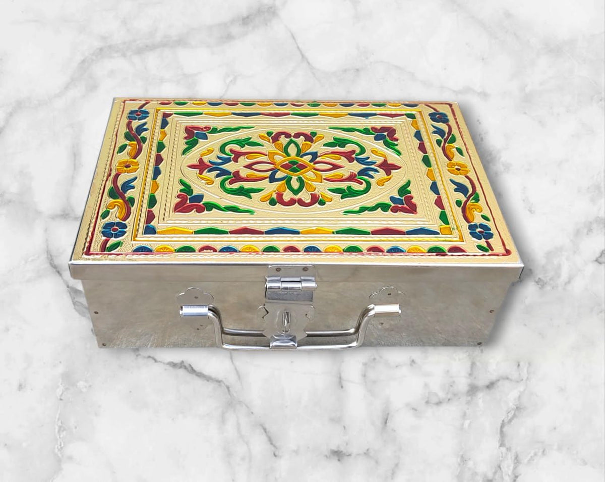 Crevita Stainless Steel Storage Boxes,Cash, Pooja Peti,Organizer, Vanity Box, Safe Locker,Cash Box With Handicrafts Digital Meen
