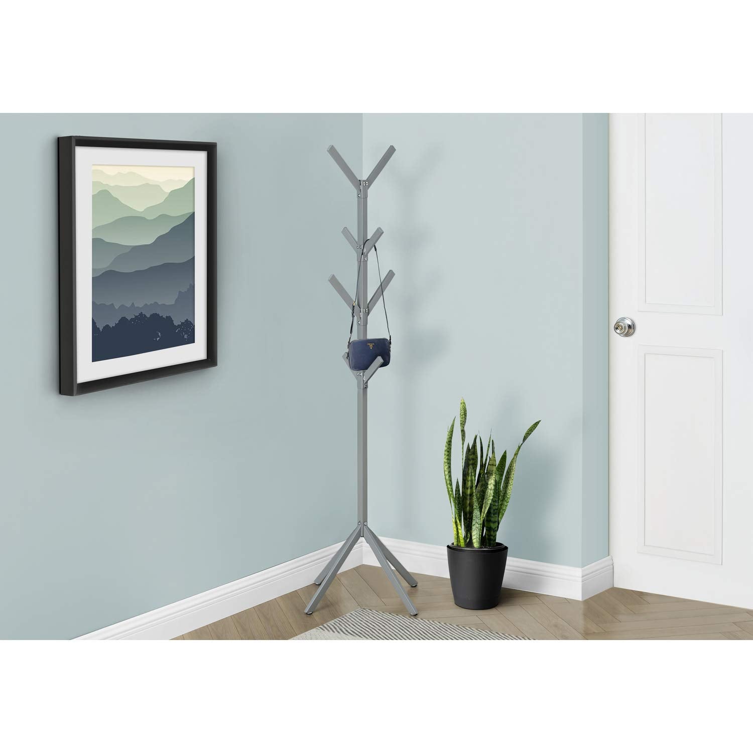 Monarch Specialties I 2058 Coat Rack, Hall Tree, Free Standing, 8 Hooks, Entryway, 70' H, Bedroom, Metal, Grey, Contemporary, Modern