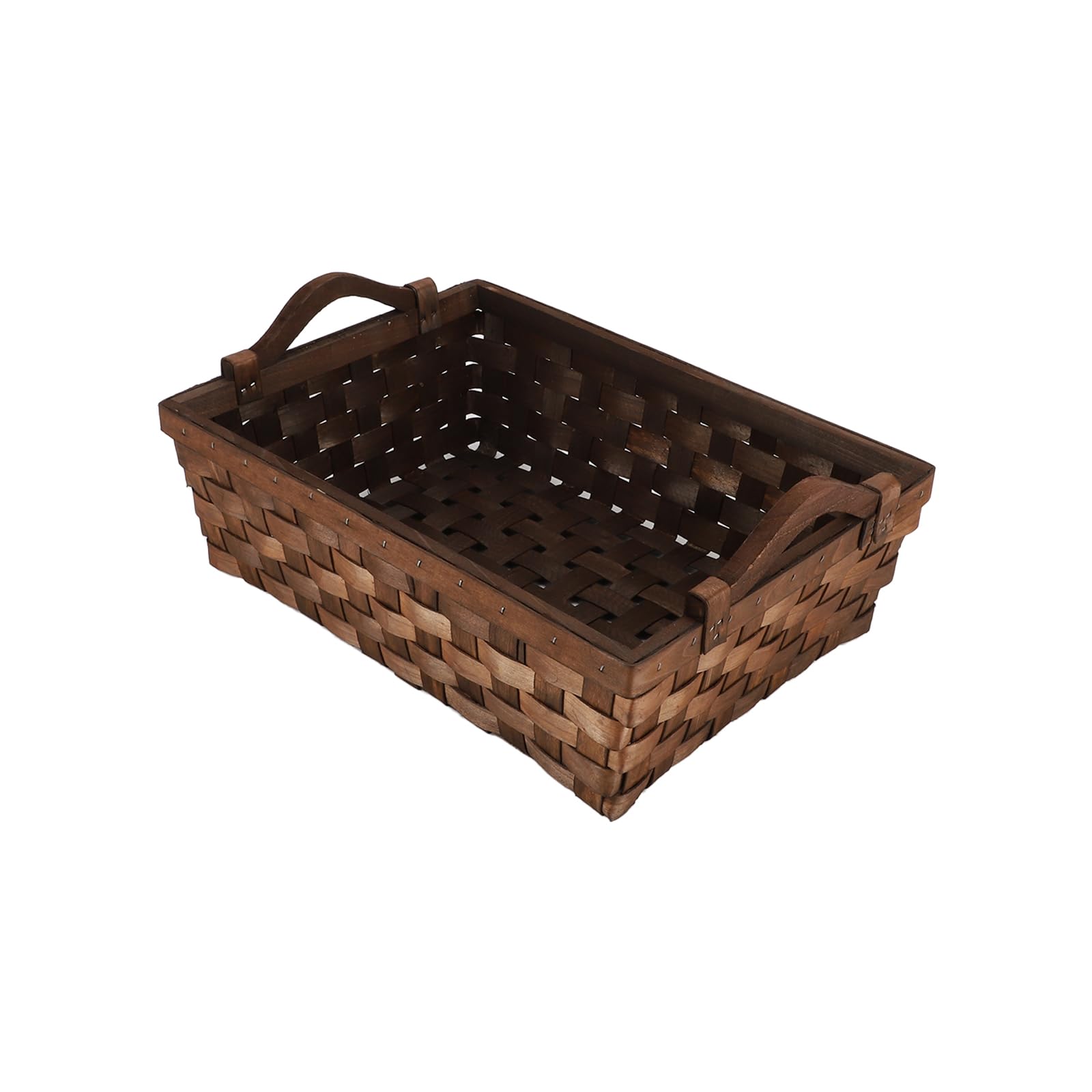 Rectangular Wicker Basket, Woven Wooden Storage Tray with Handles for Gift Bread Bathroom (Dark Brown)