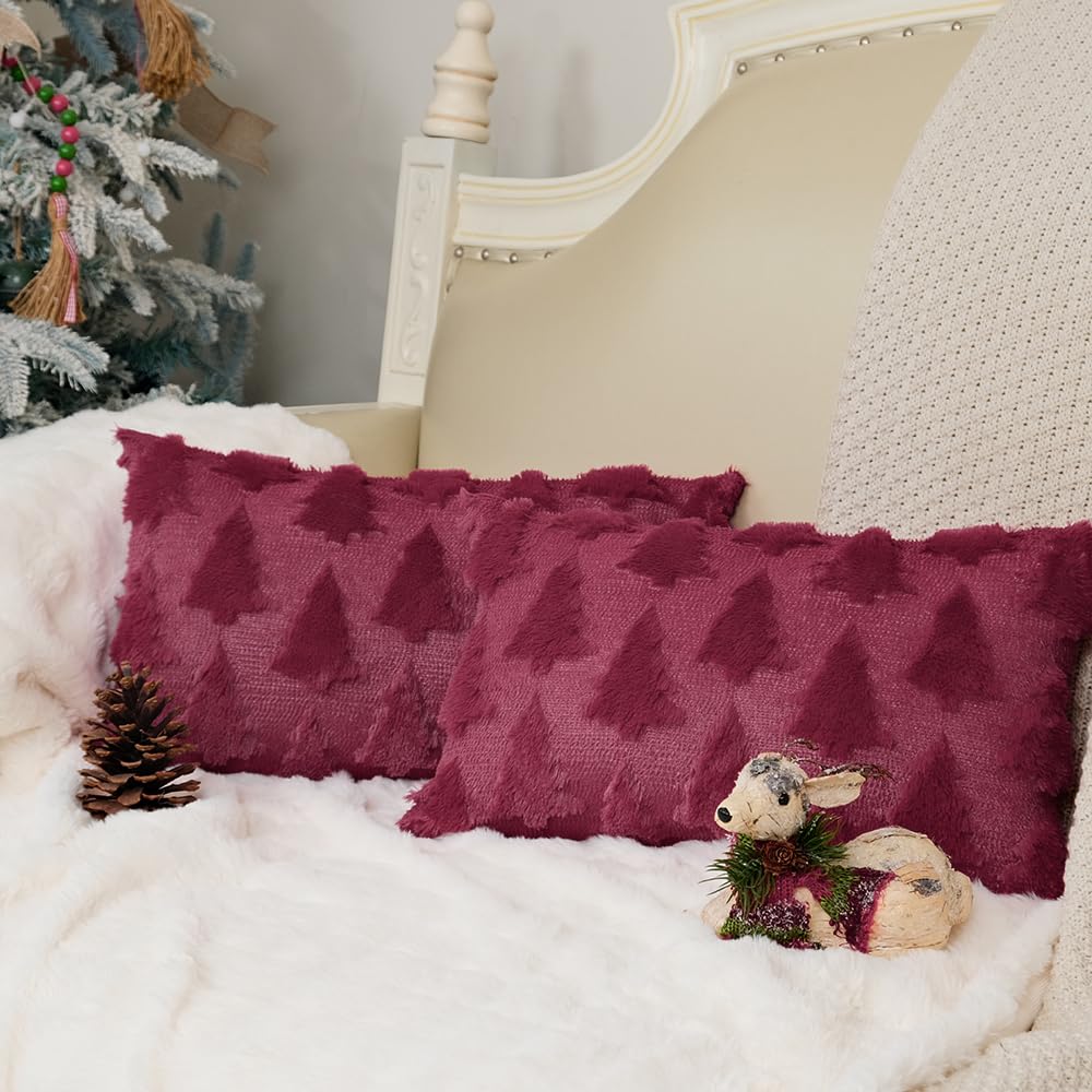 Geeory Christmas Tree Throw Pillow Covers 12X20 Inch Set Of 2, Xmas Winter Soft Plush Faux Fur Wool Decorative Farmhouse Holiday