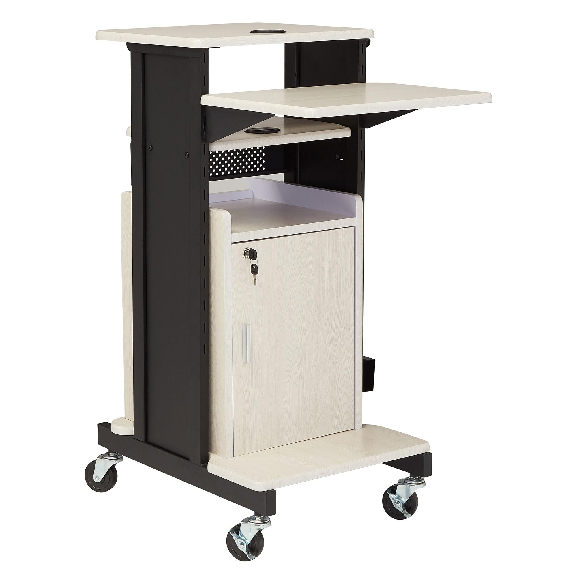 Oklahoma Sound Premium Plus Steel Wheeled Av Presentation Cart With Storage Cabinet, Wire Management Grommets, And 6 Outlet Power Strip, Ivory/Black