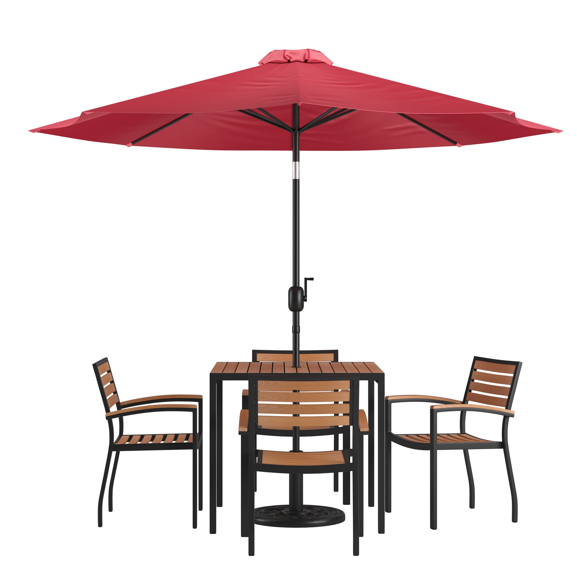 Flash Furniture Lark 7 Piece Outdoor Patio Dining Table Set - 4 Synthetic Teak Stackable Chairs with Arms - 35&quot; Square Table - Red Umbrella with Base