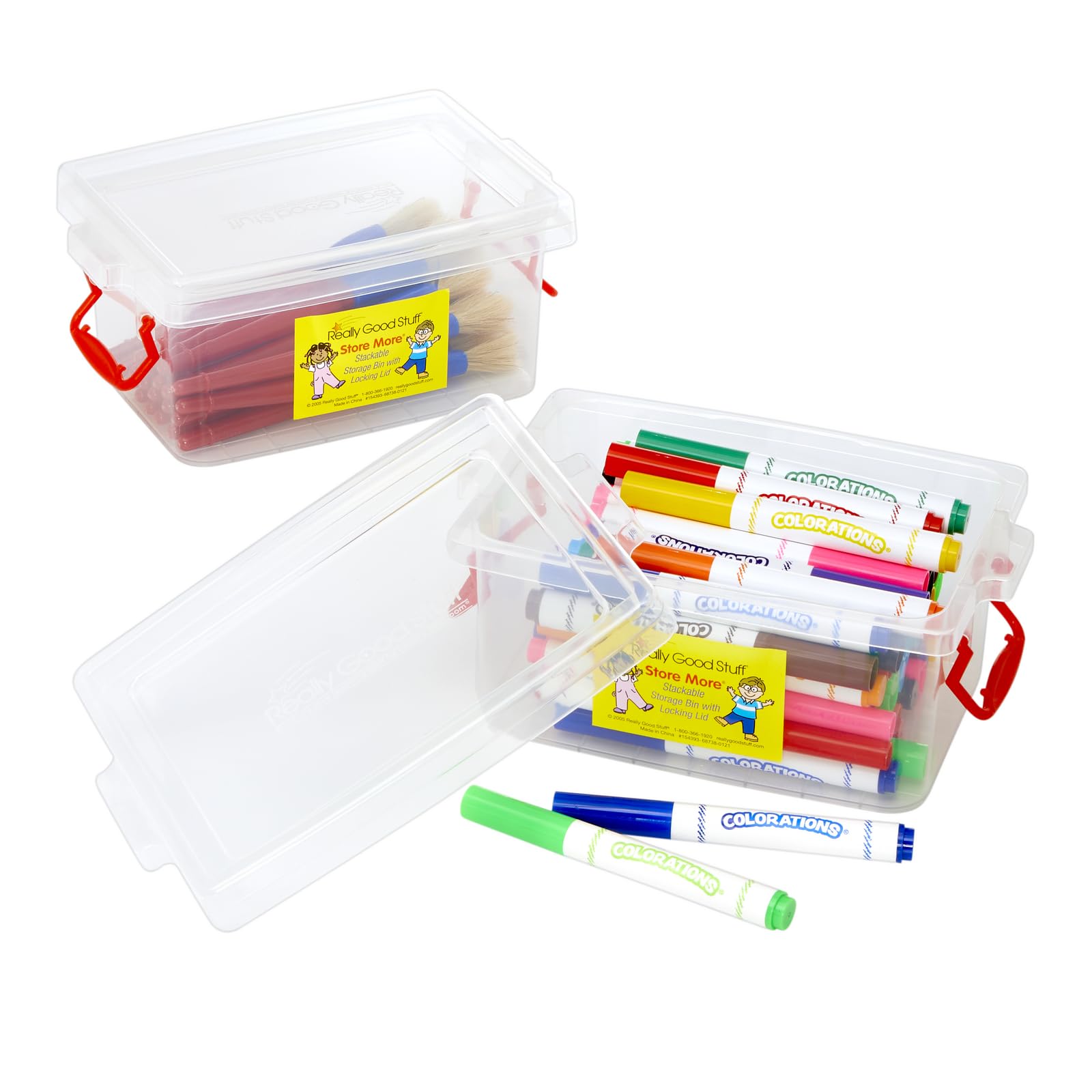 Really Good Stuff Small Clear Plastic Stackable Storage Tubs With Locking Lid - Red Handles Lock Lid In Place - Hold Supplies, M