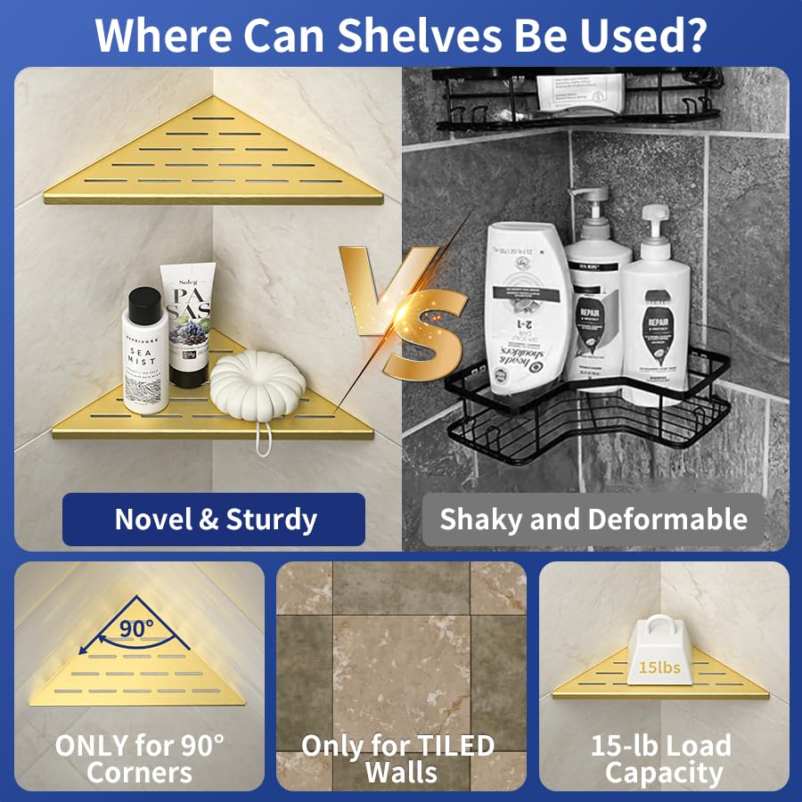 Bernkot Corner Shower Shelf, 304 Stainless Steel Bathroom Shelf For Tiled Wall, Grout In Shelves (Gold, 10''-2 Pack)