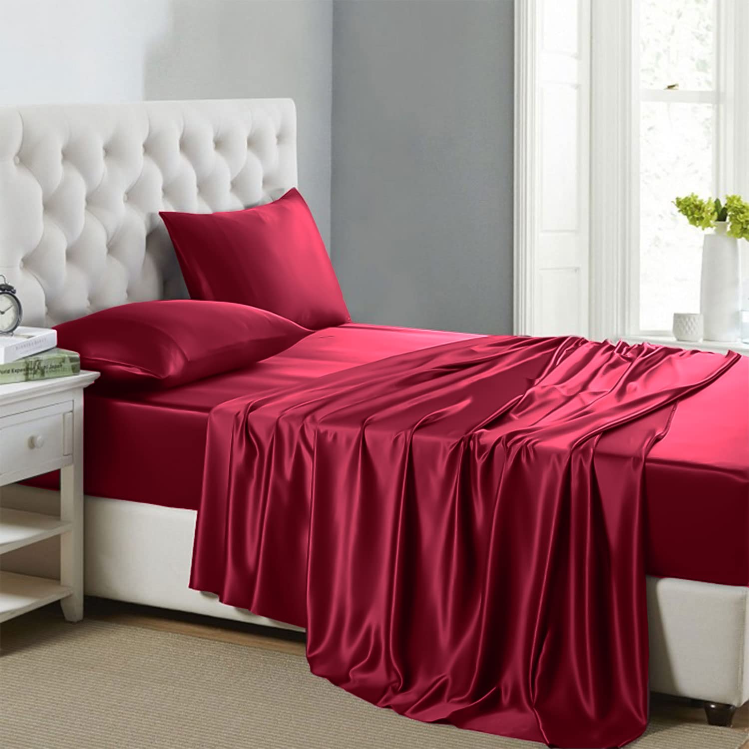 Lanest Housing Silk Satin Sheets, Twin Size Silk Bed Sheet Set With Deep Pockets, Cooling Soft And Hypoallergenic Satin Sheets T