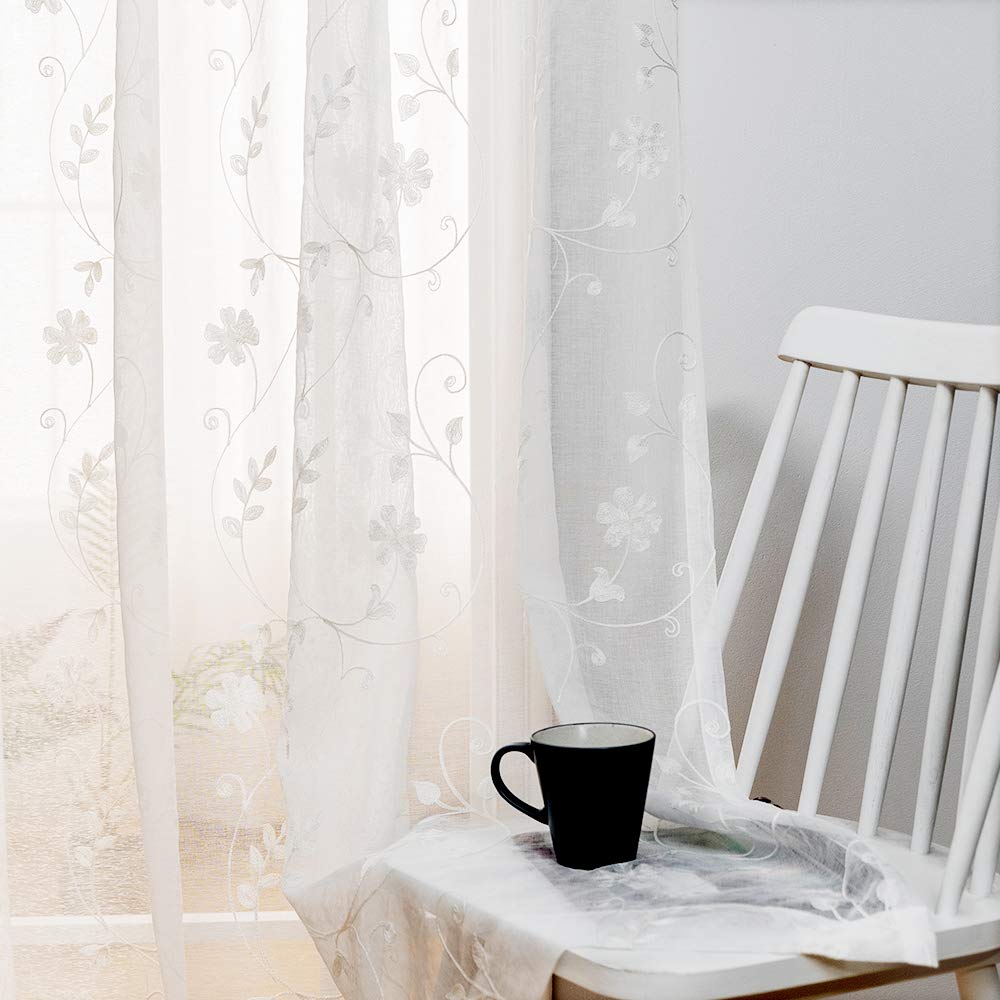 Floral Embroidery Sheer Curtains White 63 Inch Length, Rod Pocket Voile Drapes For Living Room, Bedroom, Window Treatments Semi