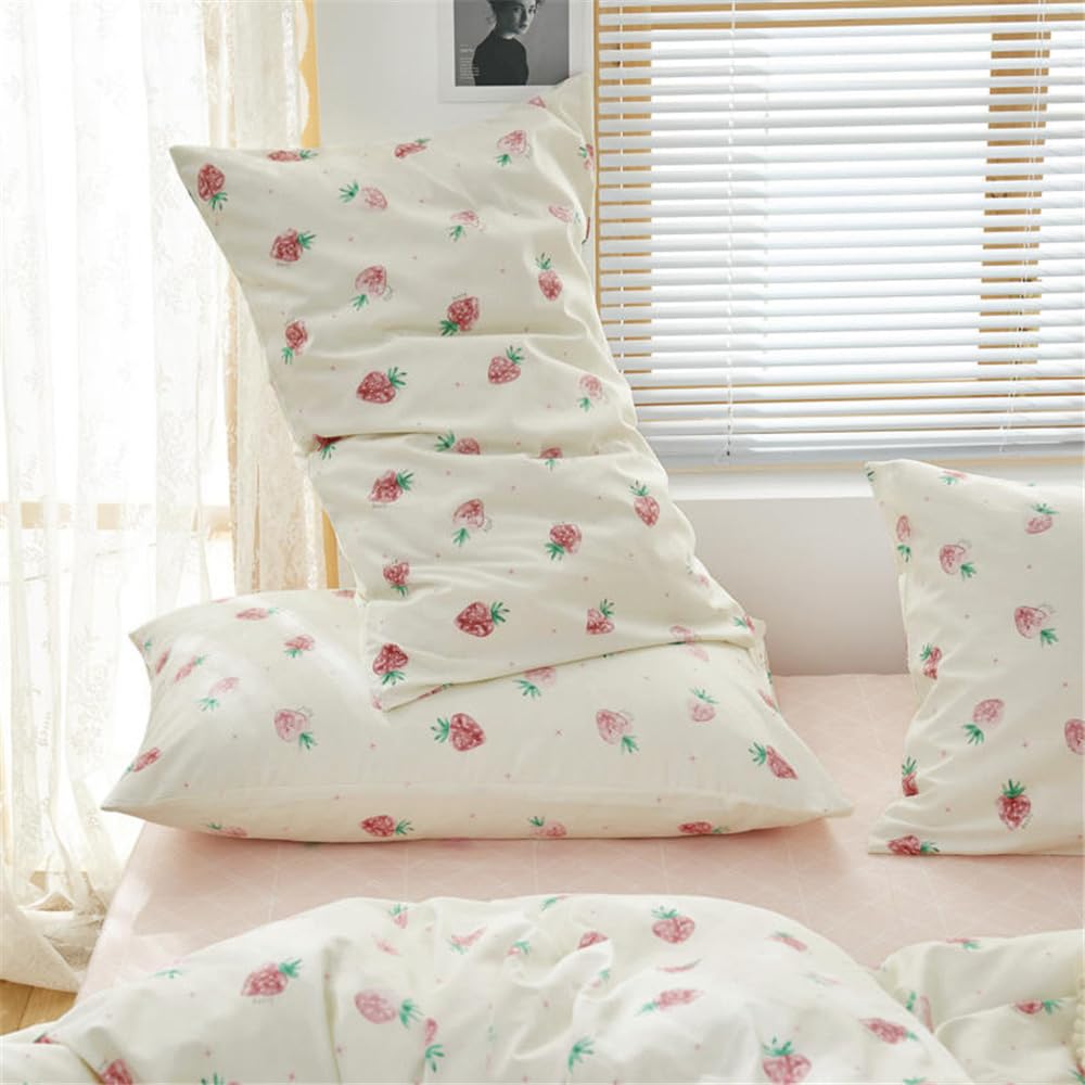Fendie Pink Strawberry Pillowcases Set Cotton Kids Girls Pillow Shams Cute Bedroom Bedding Decorative Pillow Cover 2 Piece Stand