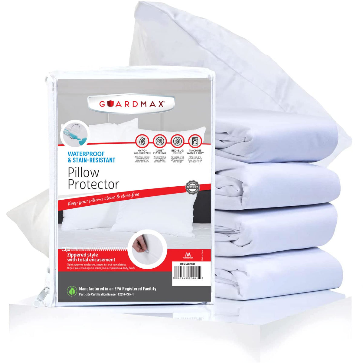Guardmax Pillow Protector With Zipper Standard Size - (4 Pack) - Waterproof And Bed Bug Proof Pillow Covers - Pillow Cases Prote