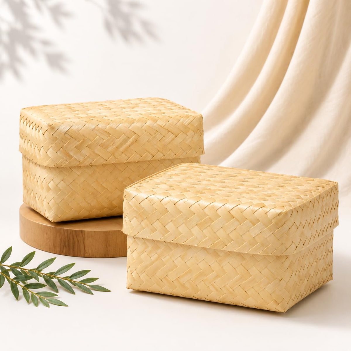 Woven Bamboo Storage Boxes with Lids, Natural, Square, 20x13 cm, Set of 2