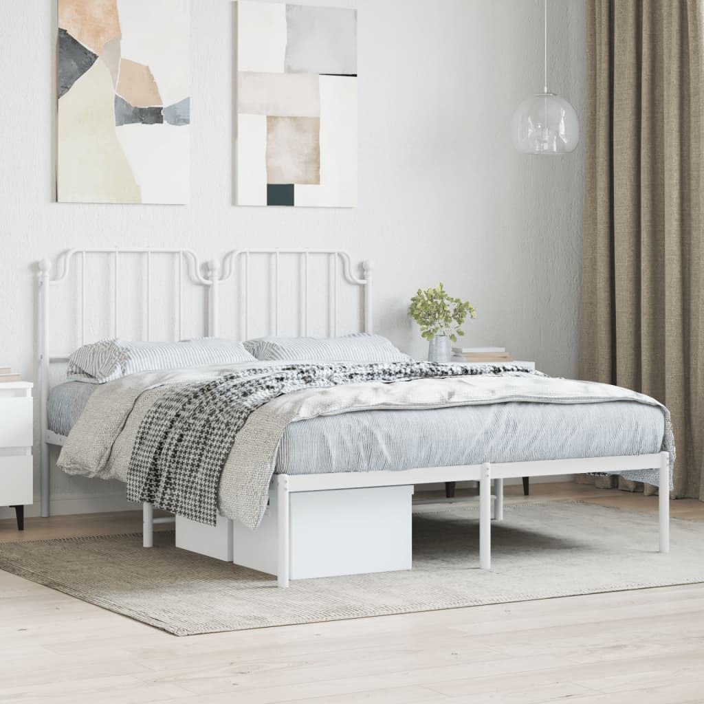 vidaXL Robust White Steel Bed Frame with Comfortable Headboard - Extra Under-Bed Storage Space - Supports 53.1&quot;x74.8&quot; Mattress - Assembly Required