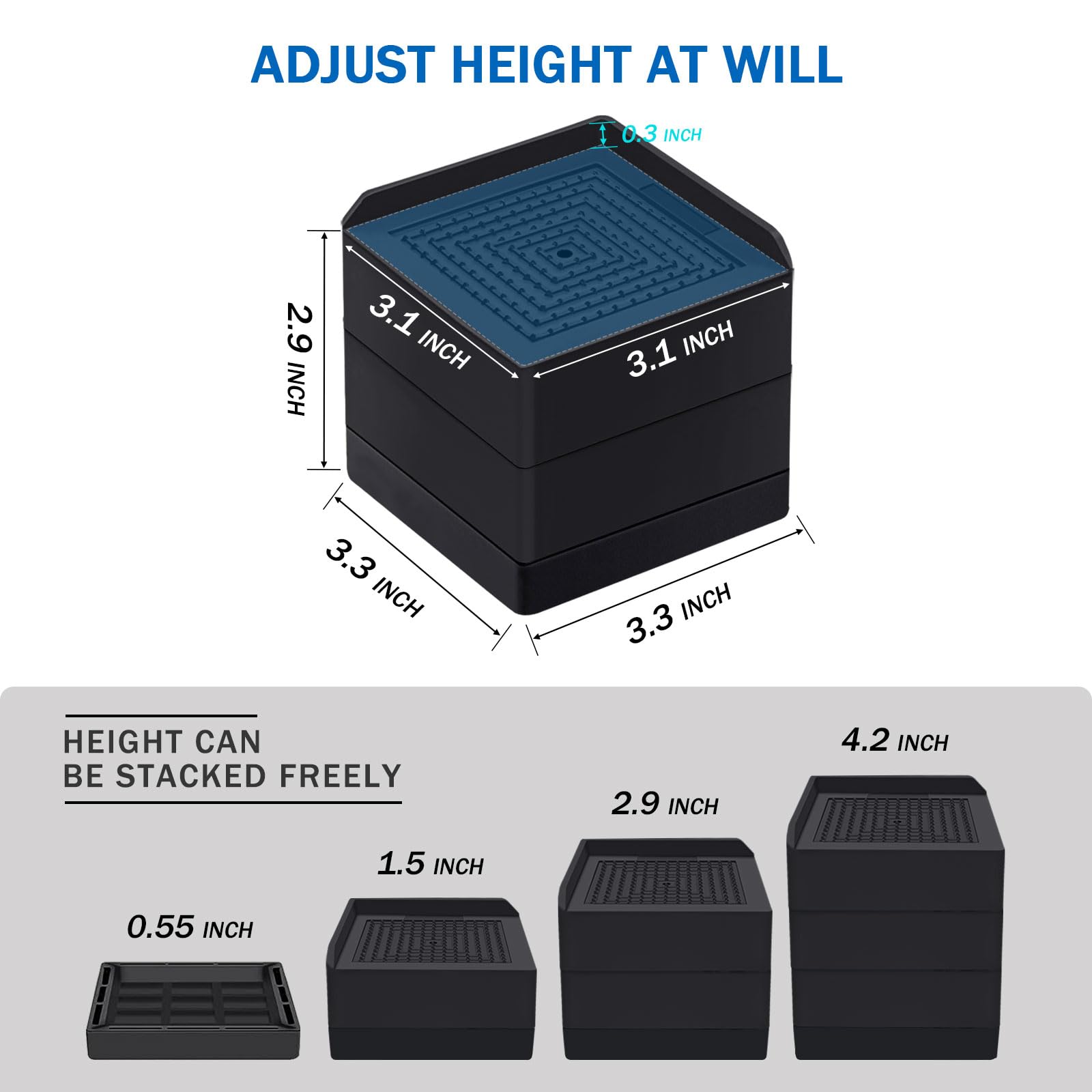 Annkut Bed Risers 3 Inch Heavy Duty,Furniture Risers For Desk Table Sofa Couch Lifts To 1.5 Or 3 Inch, Square Adjustable Risers