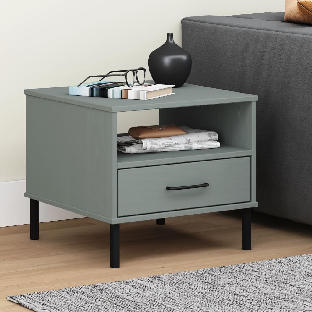 vidaXL Oslo Gray Bedside Table - Solid Pine Wood Nightstand with Metal Legs and Drawer - Compact, Sturdy, Easy to Assemble, Ideal for Bedroom Decor and Storage