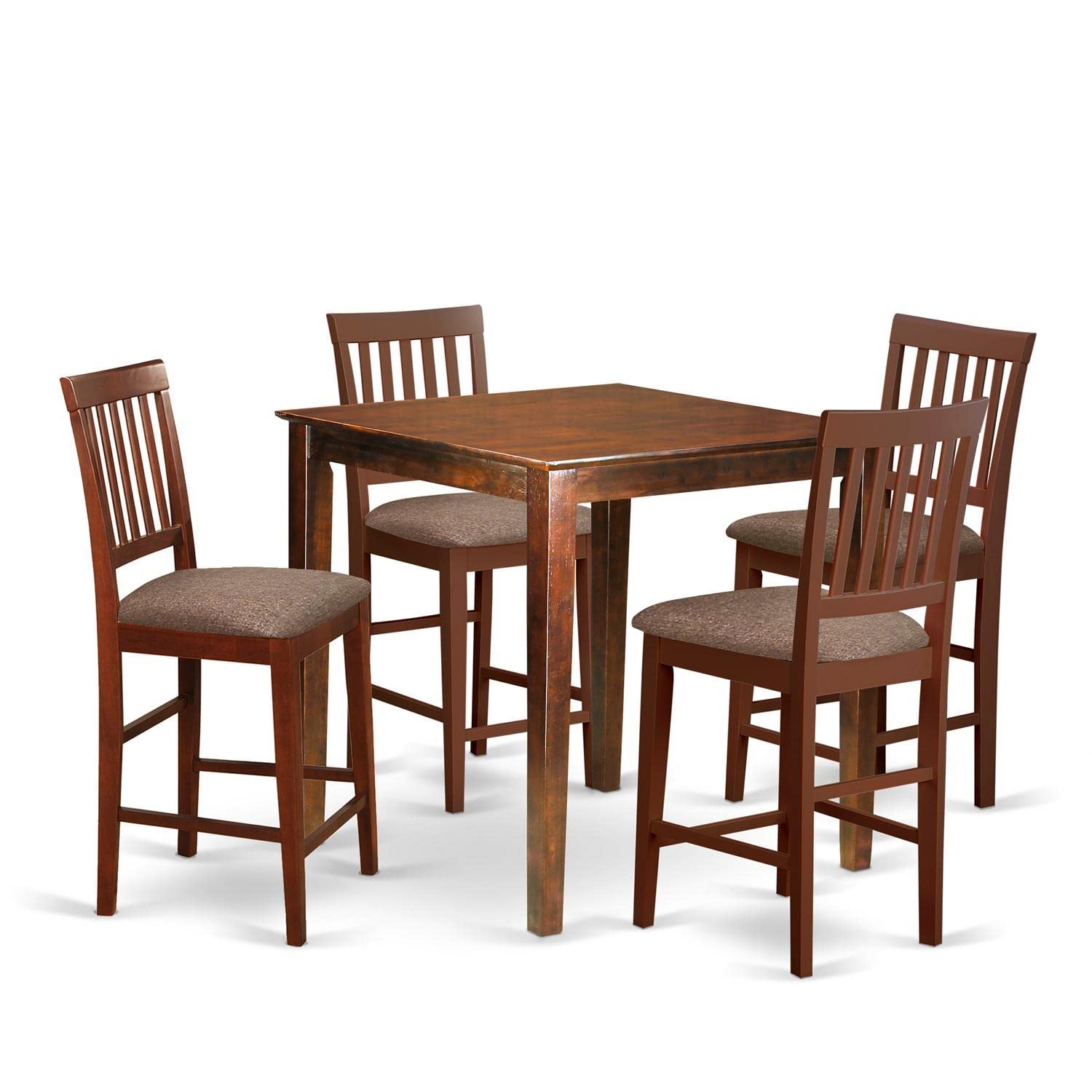 East West Furniture VERN5-MAH-C 5 Piece Counter Height Dining Table Set Includes a Square Kitchen Table and 4 Linen Fabric Upholstered Dining Chairs, 36x36 Inch, Mahogany