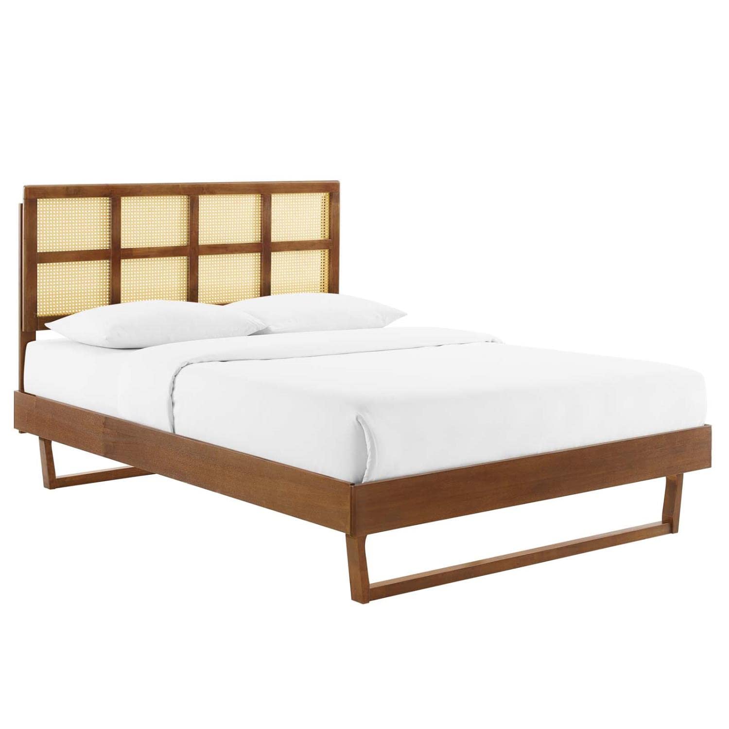 Modway Sidney Cane Rattan And Wood Queen Platform Bed In Walnut With Angular Legs