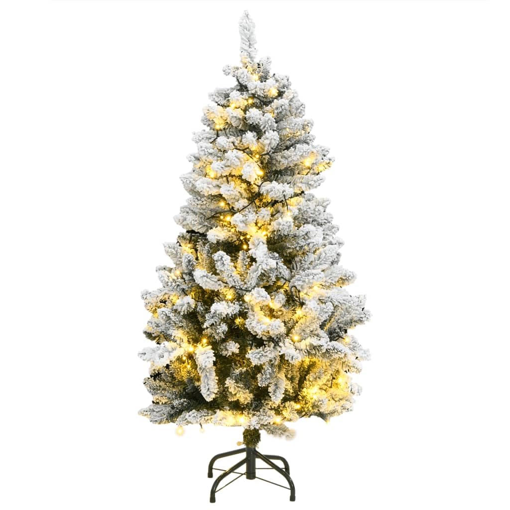 vidaXL Artificial Christmas Tree with LEDs 59.1&quot; Tall – Flocked Snow, Hinged Branches, Metal Stand, 8 Mode Lighting, Green/White