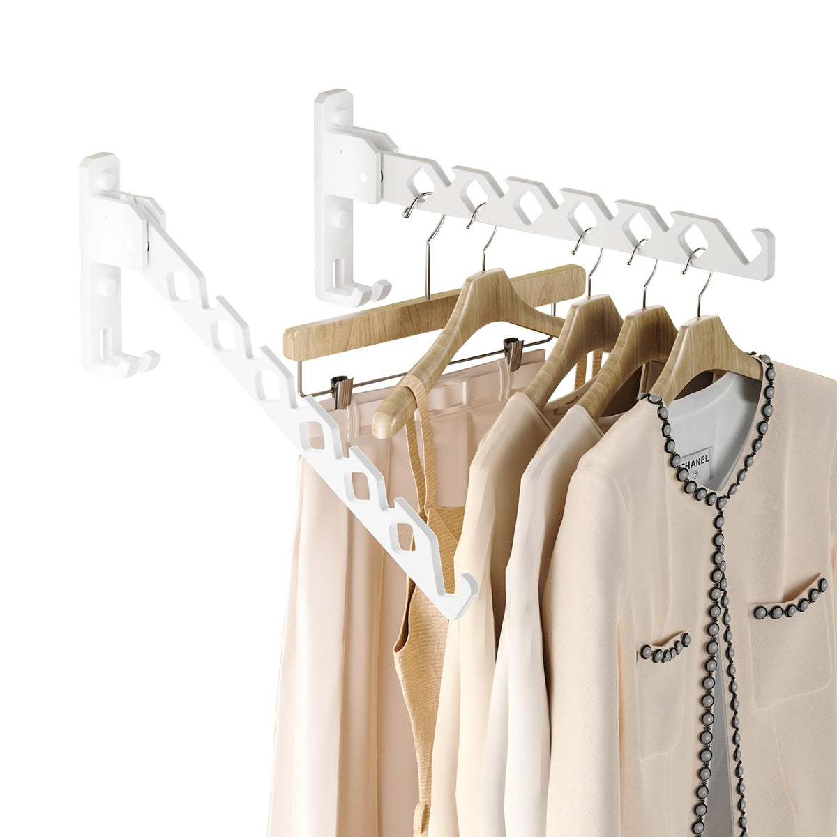 Dr.DJ Wall Mount Coat Hanger Holder White Clothes Drying Organizer Rack Garment Hooks Aluminium Retractable Folding Indoor Wall 