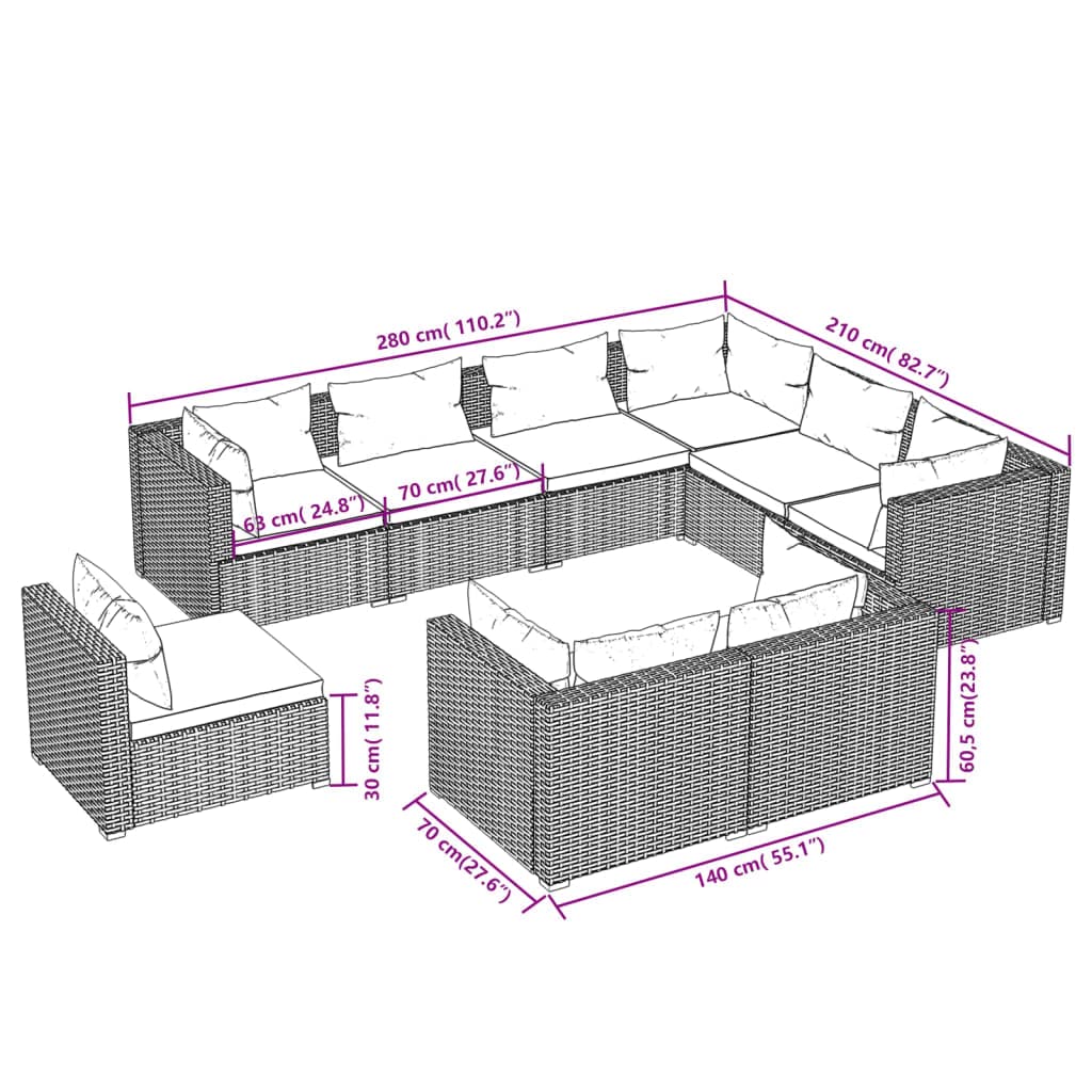 vidaXL Patio Lounge Set - 9 Pieces, Poly Rattan Construction, Sturdy Powder-Coated Steel Frame, Includes Cushions, Water-Resistant, Black with Water Blue Cushions