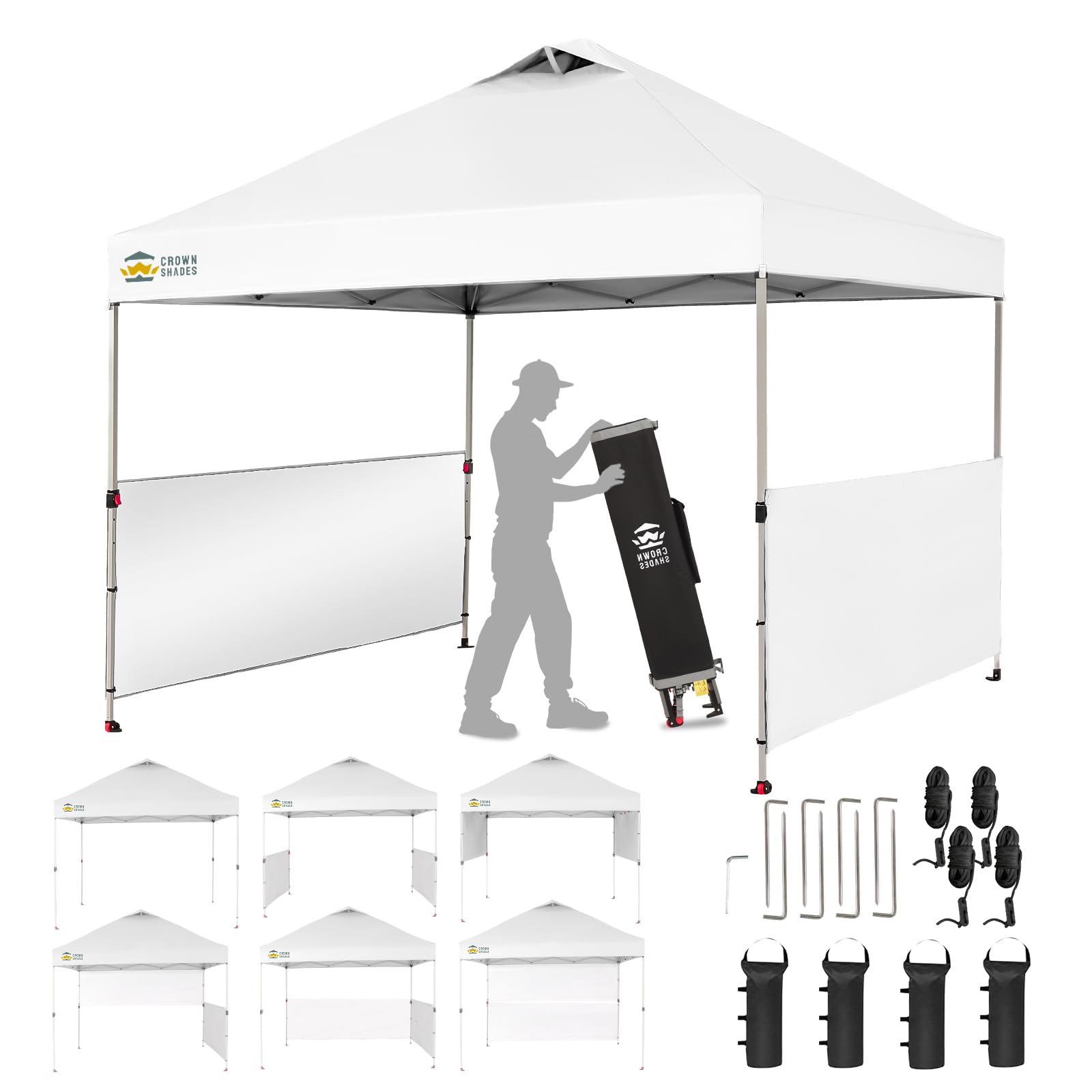 CROWN SHADES 10x10 Pop up Canopy Tent Instant Canopy with 150D Silver Coated Fabric Including 2 Half Sidewalls, 4 Ropes, 8 Stake