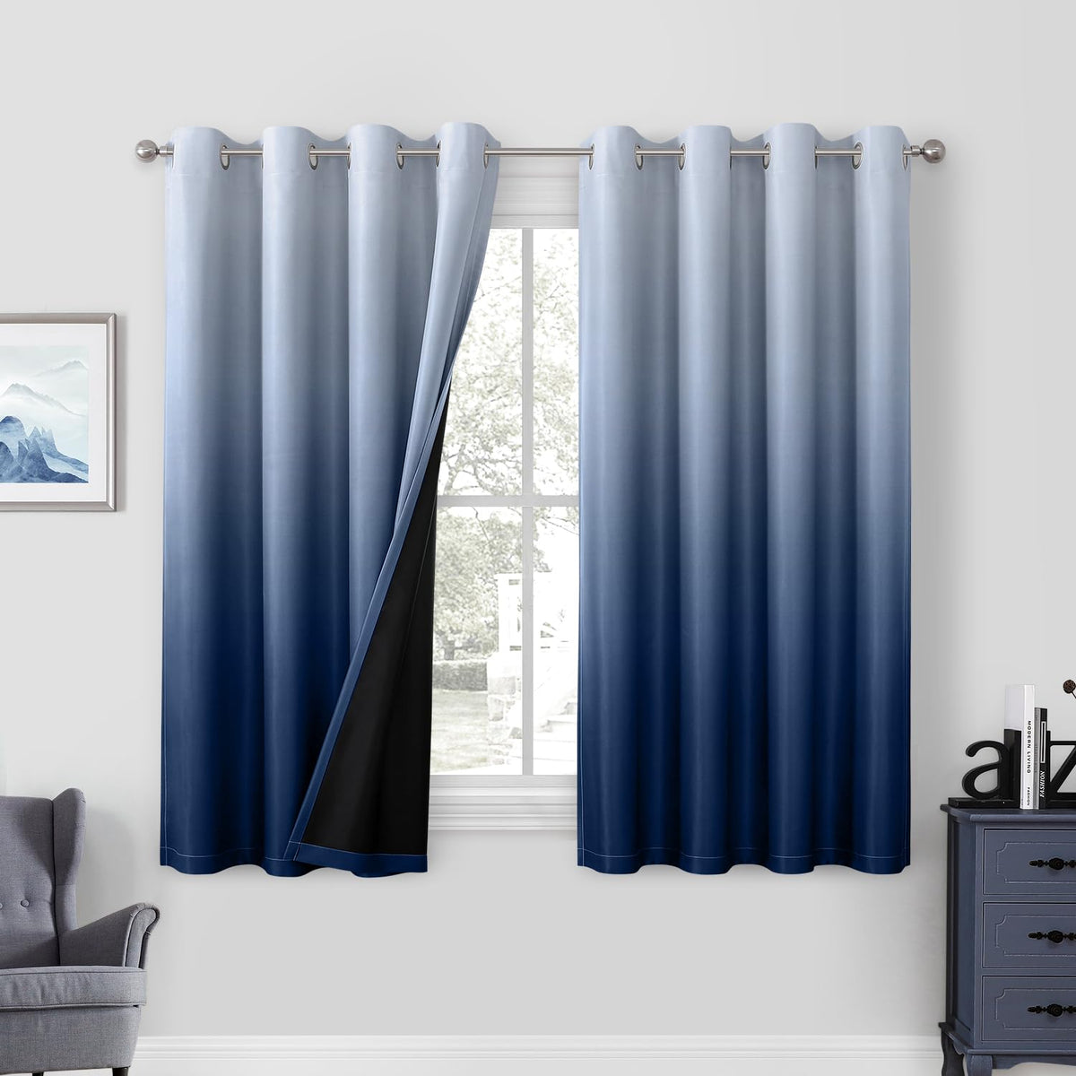 Homeideas 100% Navy Blue Ombre Blackout Curtains For Bedroom, Room Darkening Curtains For Living Room 52 X 63 Inches Long Gromme