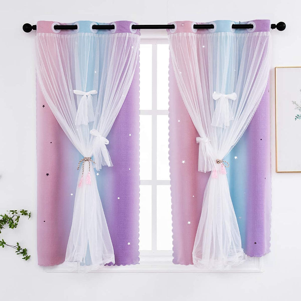 Yancorp Curtains For Girls Bedroom Kids Curtain Hollow-Out Star Window Nursery Curtain 72 Inches Length Room Darkening Grommet 2 Layers (Pink Purple, W52 X L84)