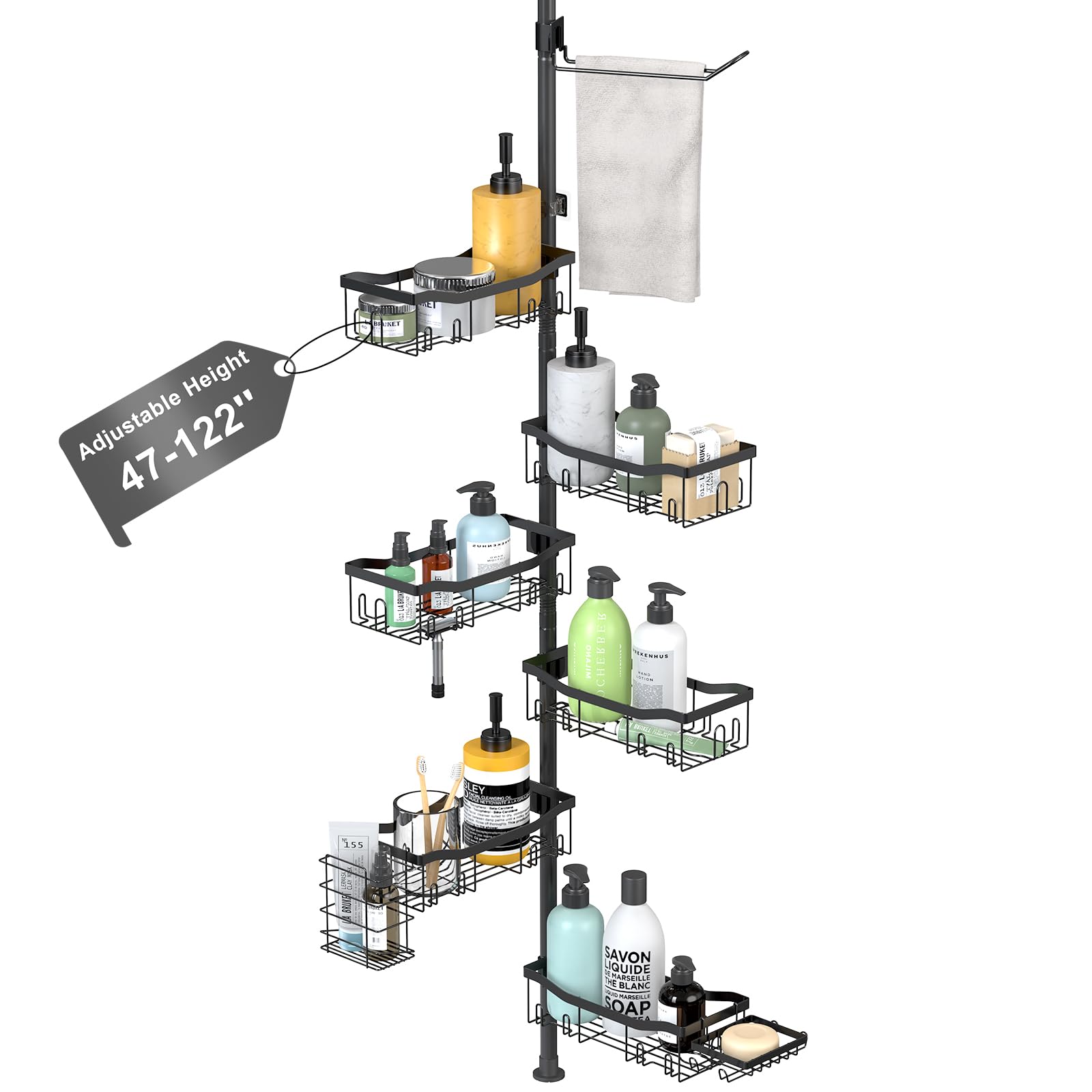 Shower Caddy Corner, 6 Tier Tension Pole Rod Bathroom Organizer Shelves, Adjustable Bathtub Shampoo Stand Rack with Towel Rack 2