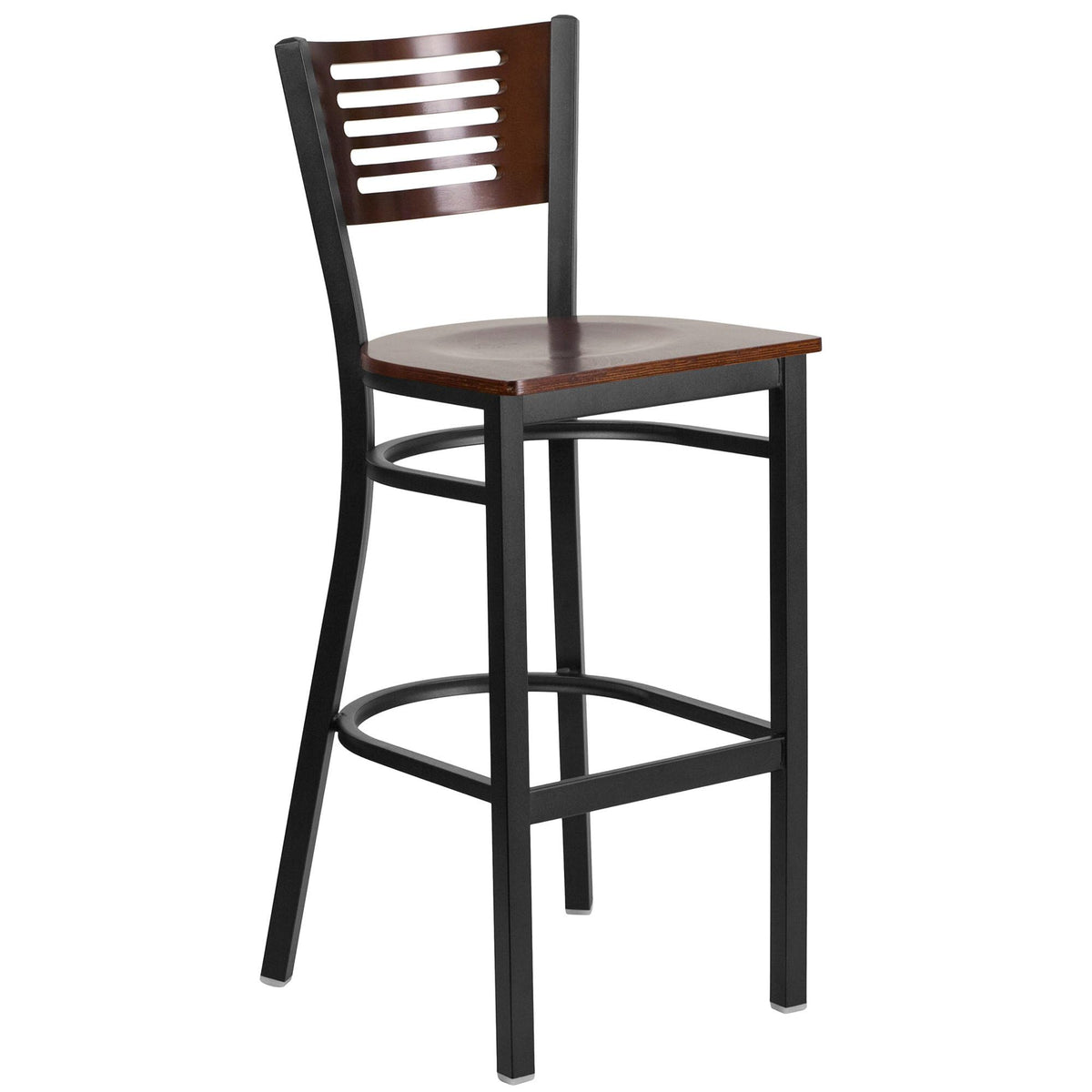 Flash Furniture Hercules Series Black Slat Back Metal Restaurant Barstool - Walnut Wood Back & Seat