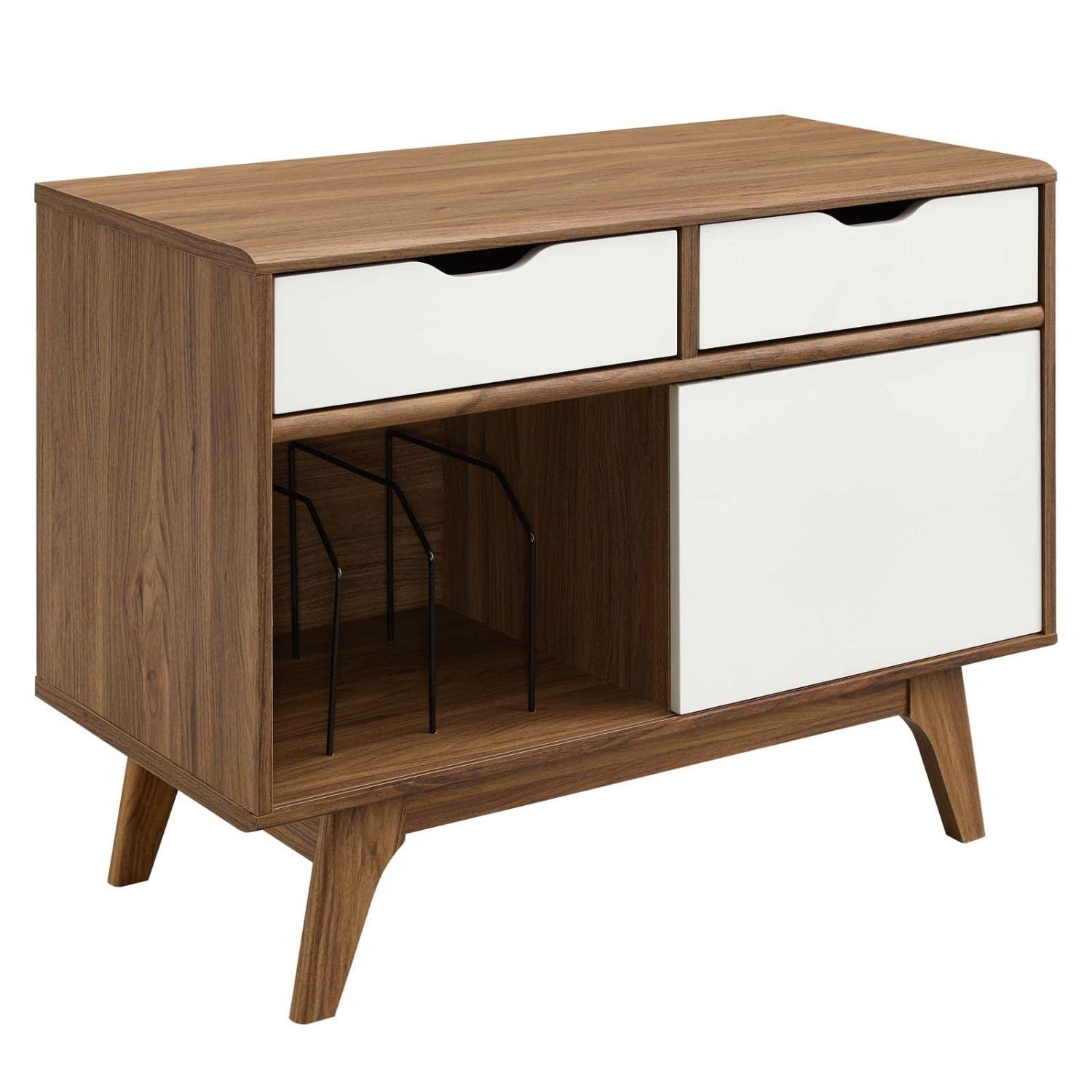 Modway Envision Mid-Century Modern 37&quot; Vinyl Record Display Stand With Drawers, 37 Inch, Walnut White