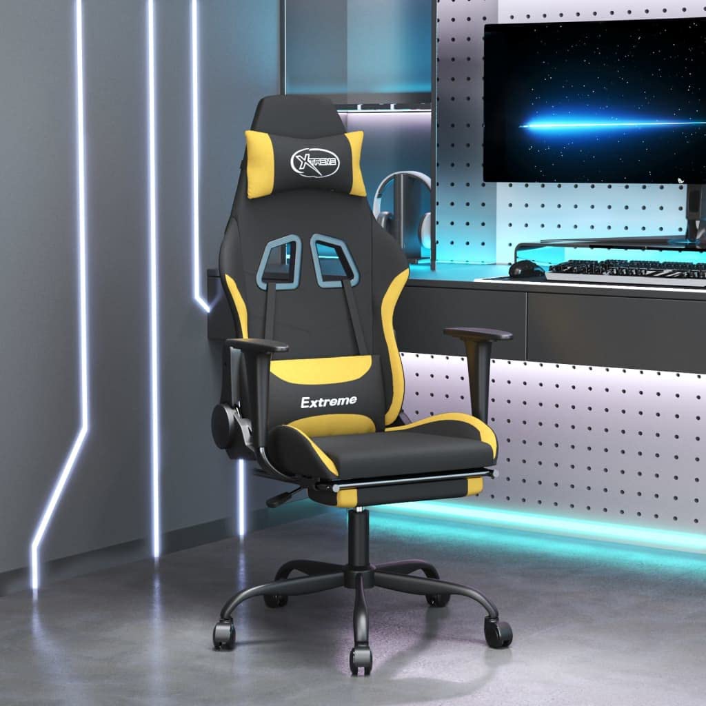vidaXL Adjustable Gaming Chair with Footrest and High Backrest - Black and Yellow Polyester Fabric, Modern Office and Home Seating Solution