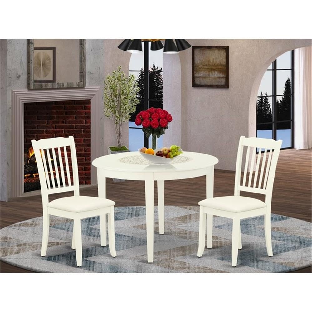 East West Furniture Boda3-Whi-C 3 Piece Kitchen Table & Chairs Set Contains A Round Dining Room Table And 2 Linen Fabric Upholstered Dining Chairs, 42X42 Inch, Linen White