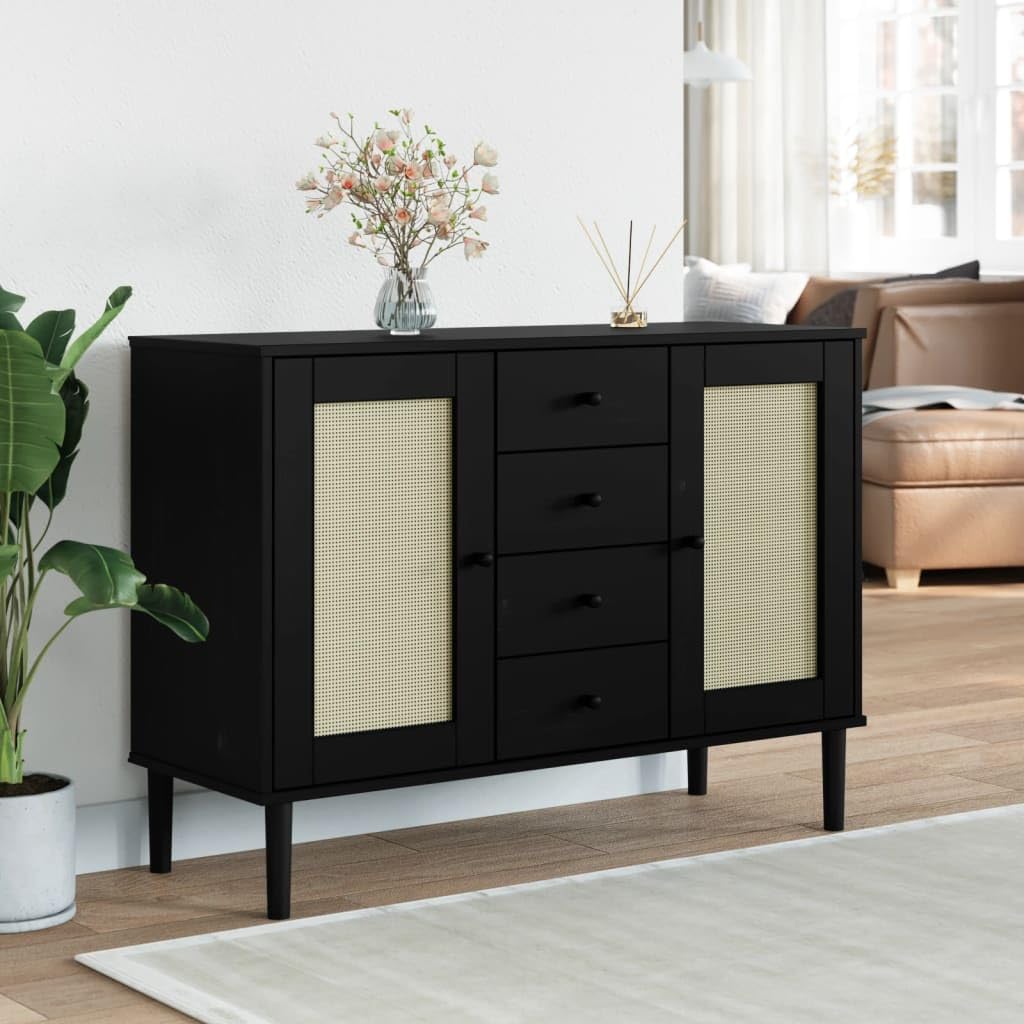 vidaXL Sideboard SENJA - Black Solid Pine Wood with Rattan Look Surface and UV Varnish Finish, Comes with 4 Drawers and 4 Compartments