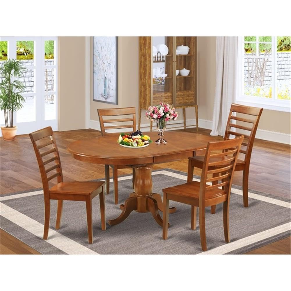 East West Furniture POML5-SBR-W 5 Piece Modern Dining Table Set Includes an Oval Wooden Table with Butterfly Leaf and 4 Dining Room Chairs, 42x60 Inch, Saddle Brown