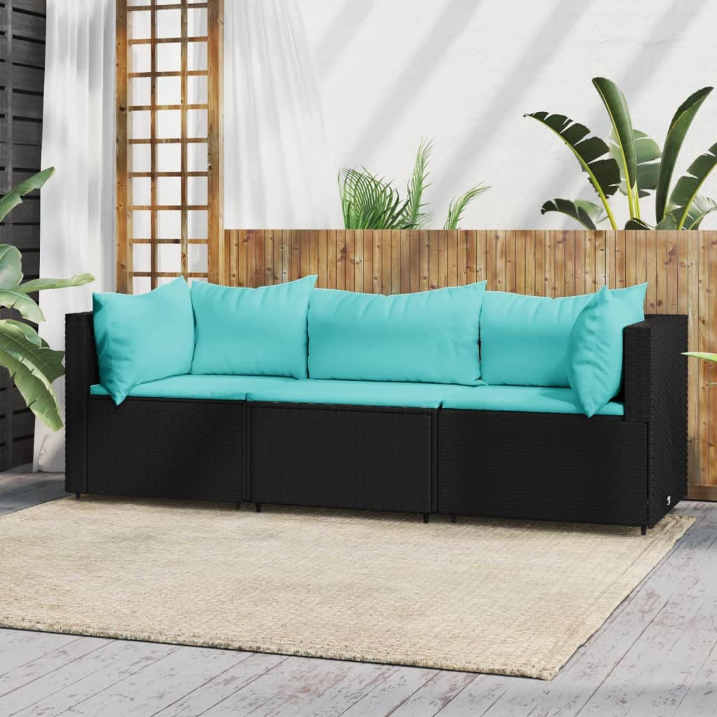 vidaXL Black Poly Rattan 3 Piece Patio Lounge Set with Water Blue Cushions - Outdoor Weather-Resistant Modular Sofa Set with Sturdy Powder-Coated Steel Frame