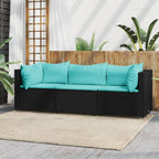 vidaXL Black Poly Rattan 3 Piece Patio Lounge Set with Water Blue Cushions - Outdoor Weather-Resistant Modular Sofa Set with Sturdy Powder-Coated Steel Frame