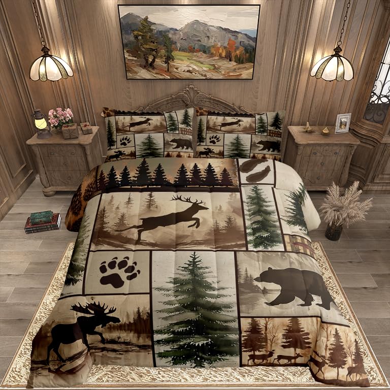 Feelyou Western Rustic Bear Comforter Set King Size, Farmhouse Bedding, Black Bear Deer Elk Moose Forest Animal Wildlife Hunting