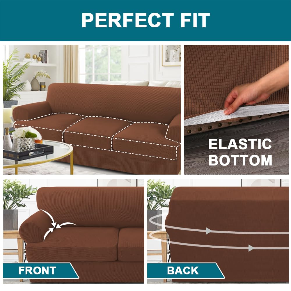 Turquoize 3 Piece T Cushion Sofa Slipcovers Sofa Cover For T Cushion Sofa Couches Stretch Couch Cover Furniture Covers With 2 Individual T Cushion Covers, Machine Washable (2 Cushion Sofa, Caramel)
