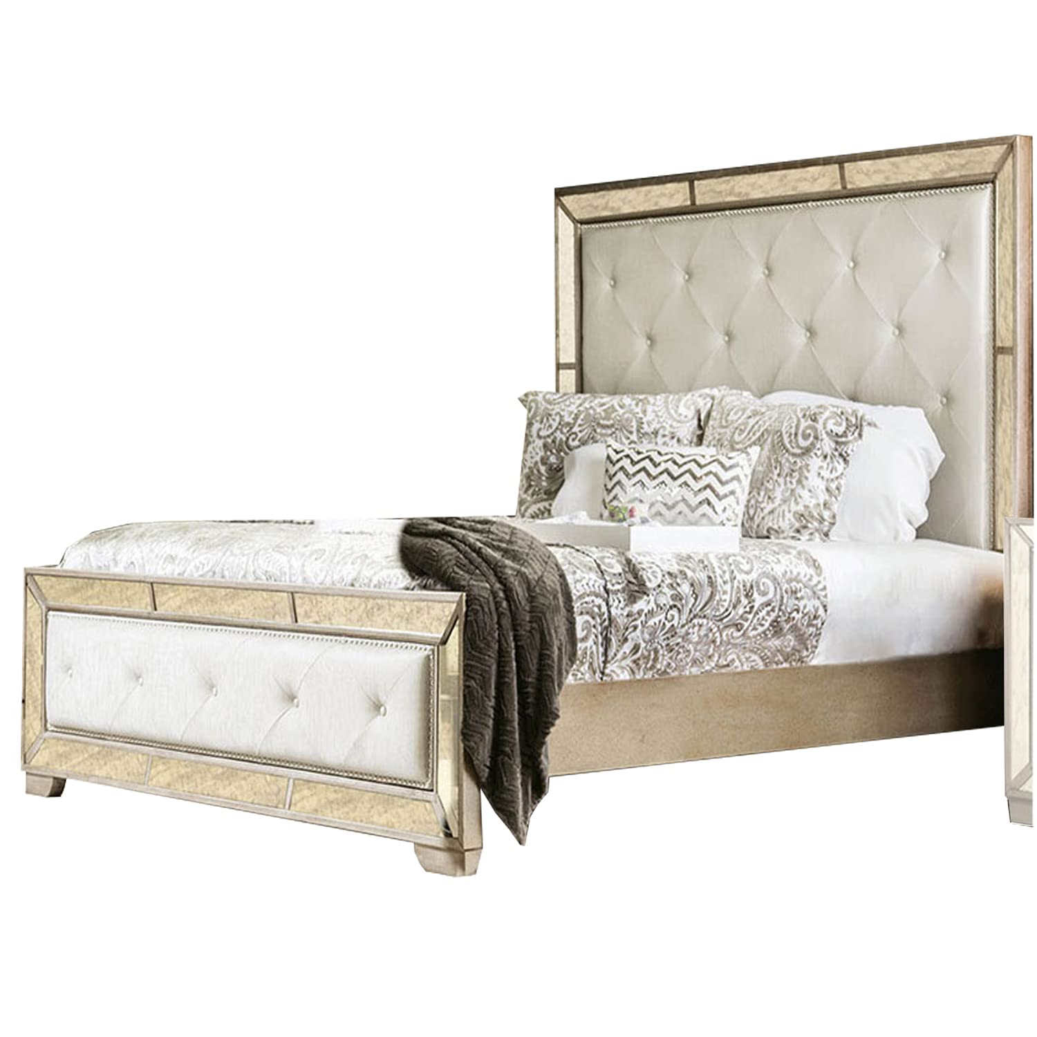 Benjara Leatherette Upholstered Wooden Queen Size Bed, Silver And Gold
