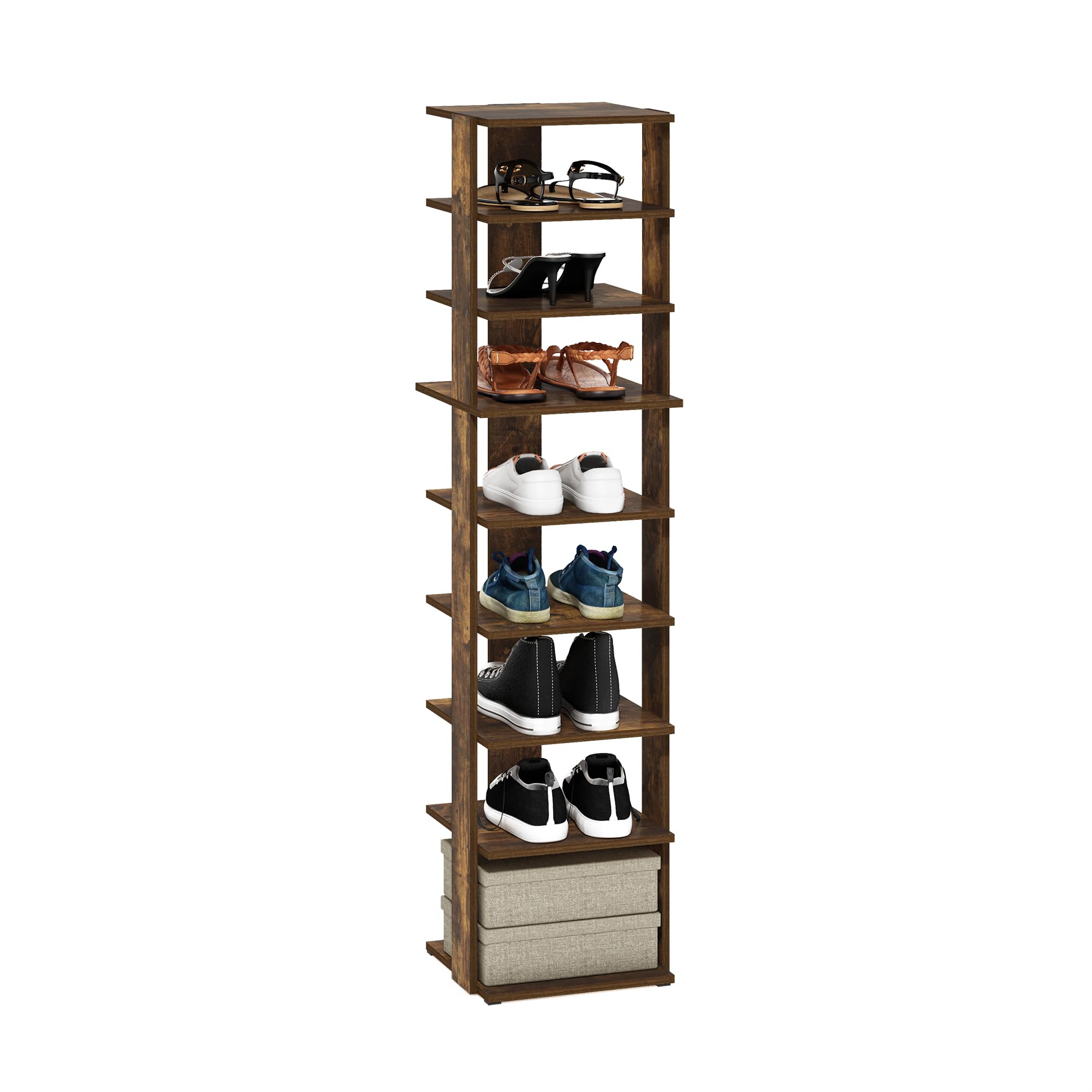 Furinno Compact 9-Tier Vertical Space Saving Free Standing Shoe Tower, Shoe Rack for Closet Entryway, Amber Pine