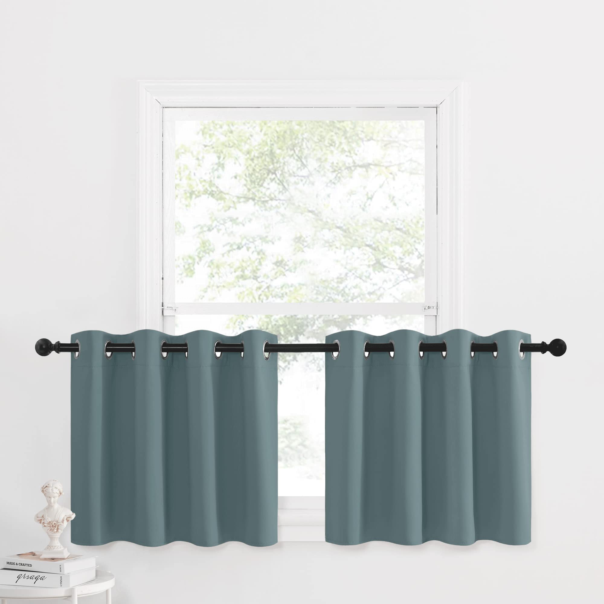 Nicetown Blackout Tiers Short Curtains For Bathroom Window 2 Panels Grommet Thermal Insulated Cafe Curtain For Kitchen/Nursery/Basement Small Windows, 26' Wide By 36' Long, Greyish Blue