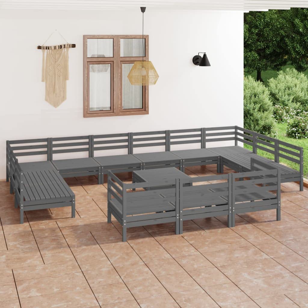 vidaXL Solid Pinewood Patio Lounge Set 14 Piece Garden Outdoor Terrance Backyard Furniture Set Wooden Lounge Sofa Seating Chair Seat Gray