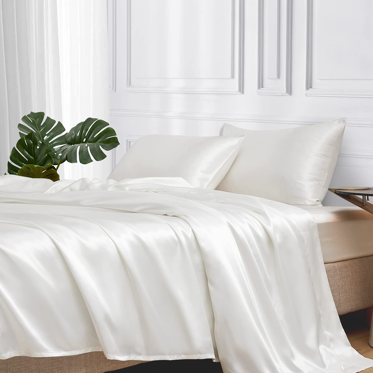 Mr&Hm Satin Bed Sheets, King Size Sheets Set, 4 Pcs Silky Bedding Set With 15 Inches Deep Pocket For Mattress (King, Ivory)