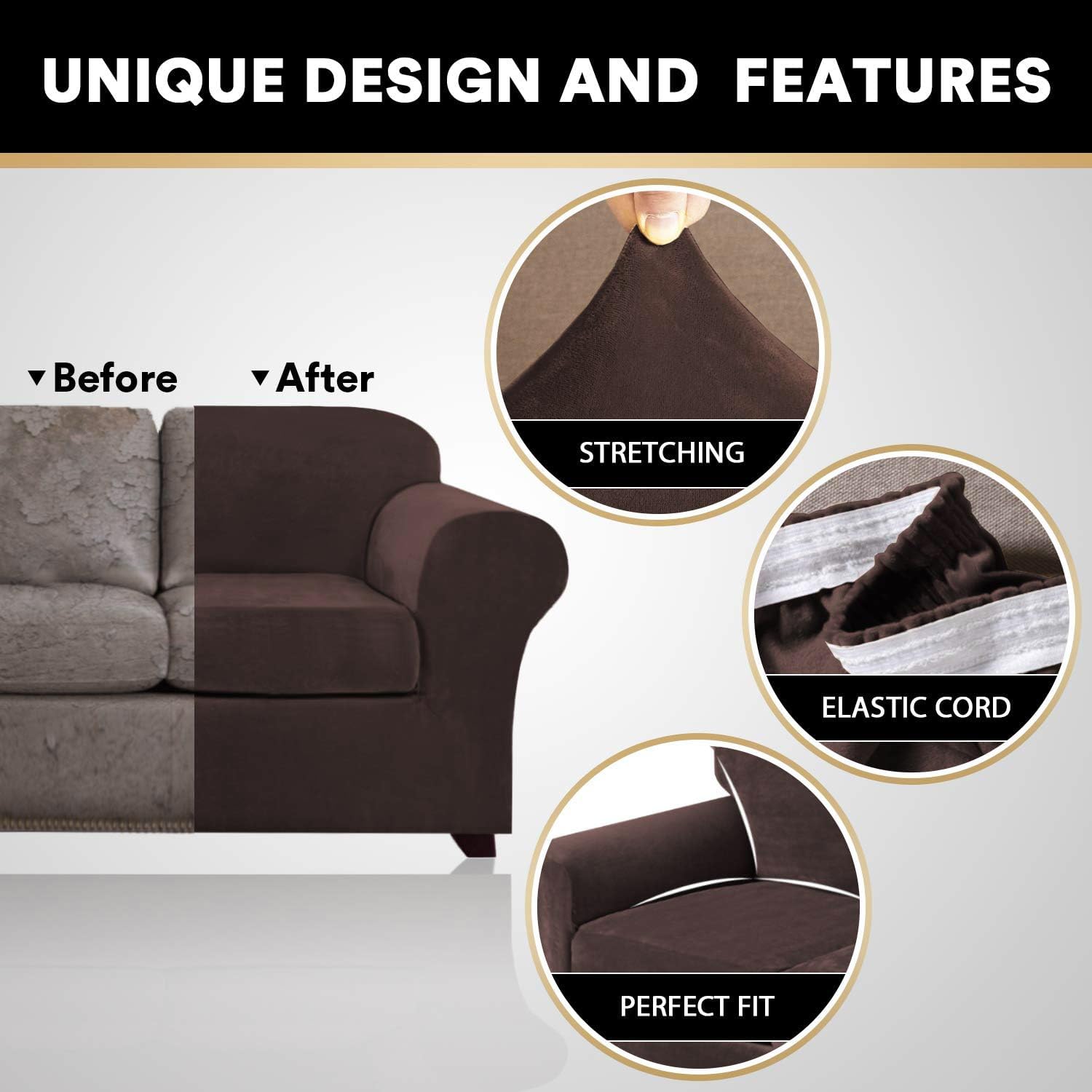 Princedeco 2 Piece Chair Cover Velvet Chair Slipcovers Soft Armchair Cover Furniture Protector With Arms Width Up To 49 Inch Chair Sofa Cover With Individual Cushion Covers(Small, Brown)