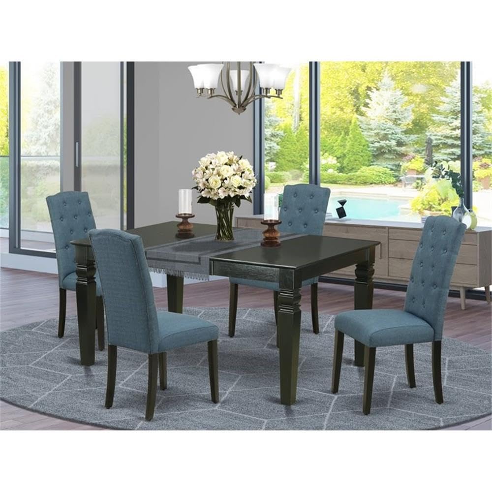 East West Furniture Wece5-Blk-21 5 Piece Dining Room Set Includes A Rectangle Wooden Table With Butterfly Leaf And 4 Mineral Blue Linen Fabric Parson Dining Chairs, 42X60 Inch, Black