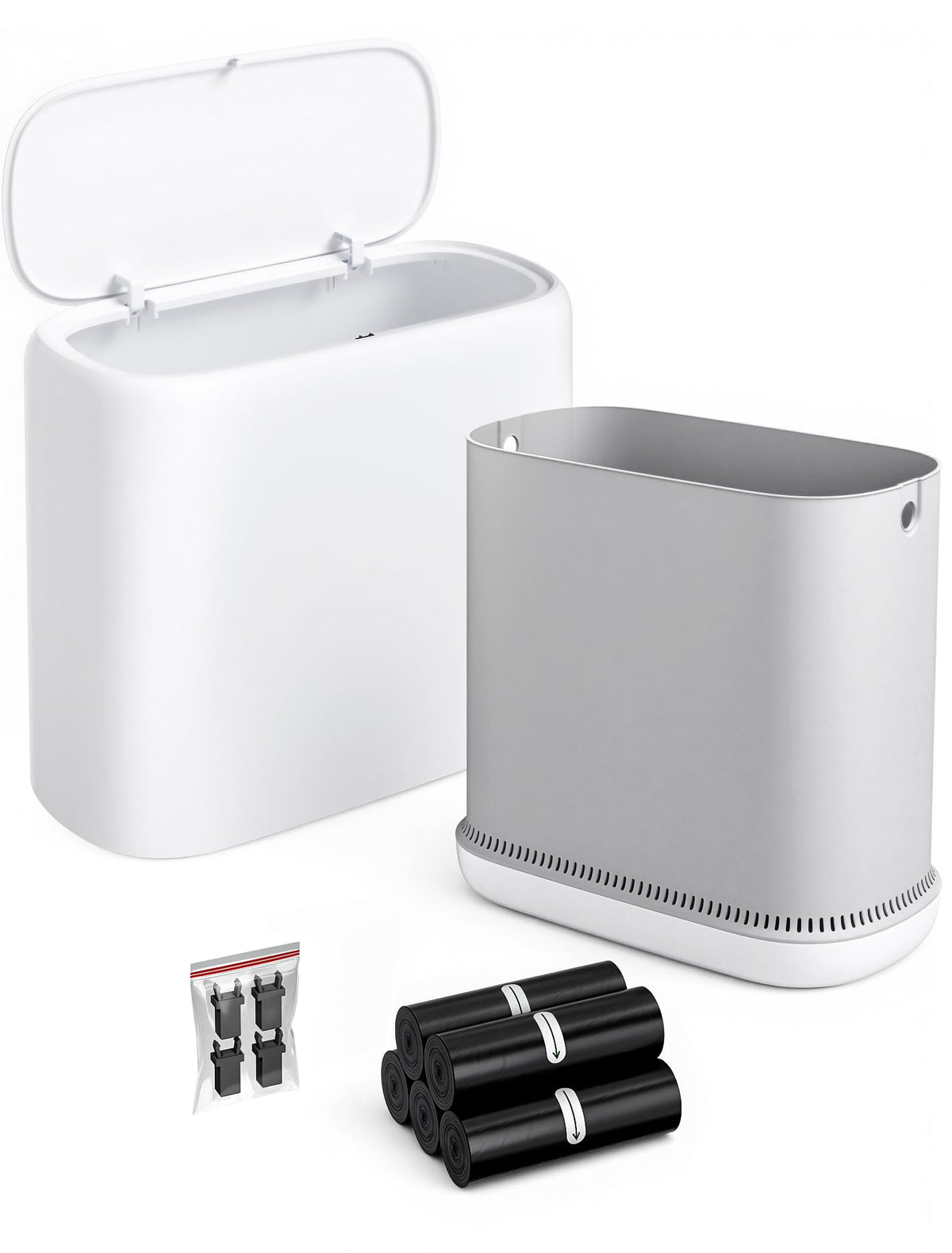 LEGUO Small Bathroom Trash Can with Lid, Dog Proof Slim Press Top Garbage Can, White Plastic Narrow Waste Basket, for Bathroom B