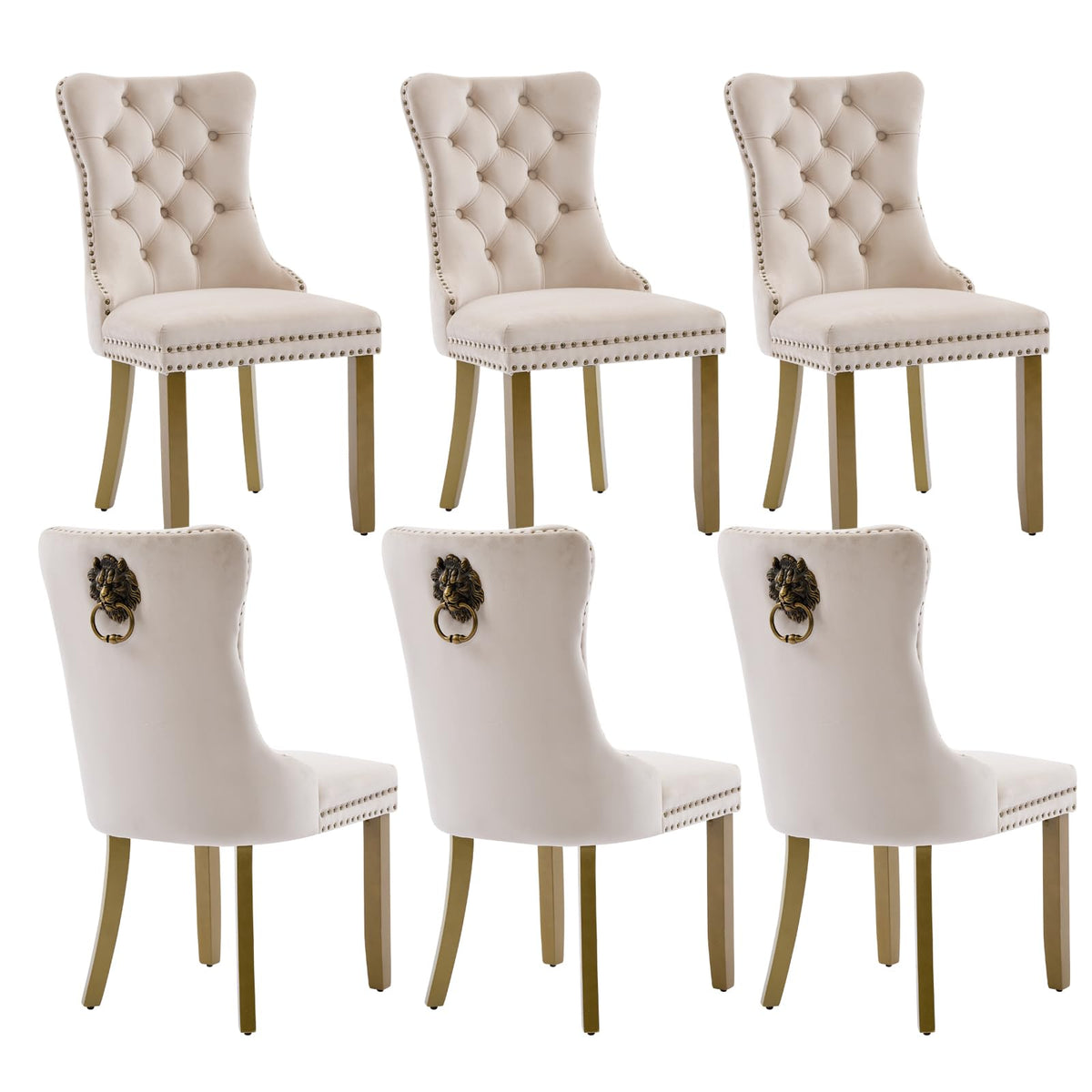 Velvet Dining Chairs Set Of 6, Modern Tufted Dining Room Chair, Upholstered Dining Chairs With Lion Head Pulls Ring And Golden S
