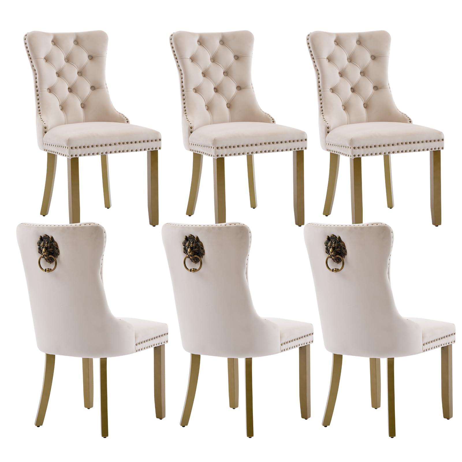 Velvet Dining Chairs Set Of 6, Modern Tufted Dining Room Chair, Upholstered Dining Chairs With Lion Head Pulls Ring And Golden S